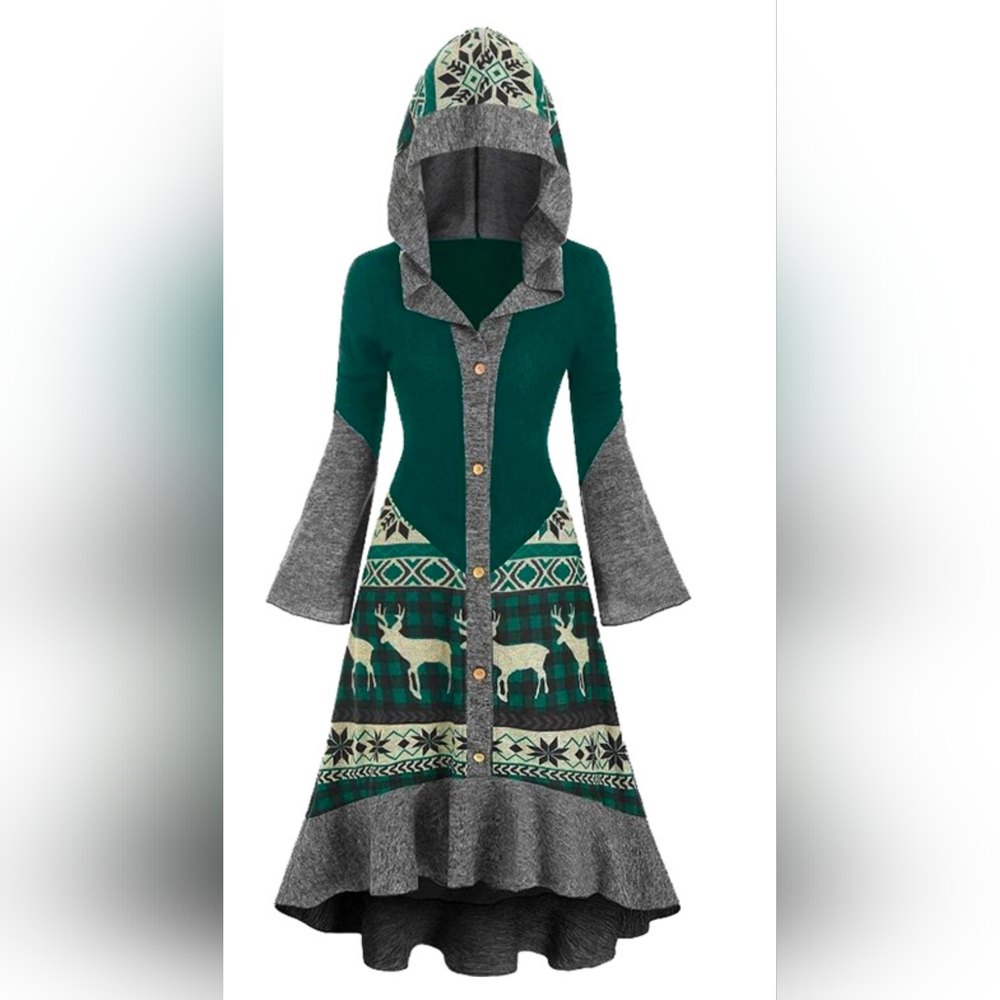 Camisa Green and Gray Fair Isle Hooded Dress Size M